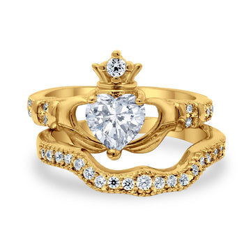 Two Piece Claddagh Band Ring Heart Cubic Zirconia Yellow Tone 925 Sterling Silver